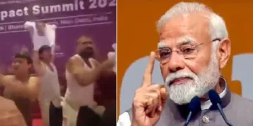 യൂത്ത് കോണ്‍ഗ്രസുകാര്‍ ഷര്‍ട്ടൂരി എഐ ഉച്ചകോടിയില്‍ പ്രതിഷേധിക്കുന്നു (ഇടത്ത്)