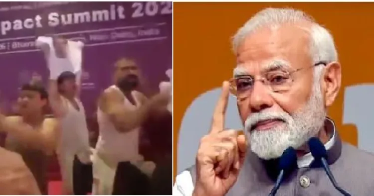 യൂത്ത് കോണ്‍ഗ്രസുകാര്‍ ഷര്‍ട്ടൂരി എഐ ഉച്ചകോടിയില്‍ പ്രതിഷേധിക്കുന്നു (ഇടത്ത്)