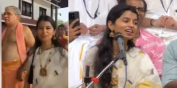 ഭാഗവതപ്രഭാഷകന്‍ ഉദിത് ചൈതന്യയ്ക്കൊപ്പം ഗുരുവായൂര്‍ ക്ഷേത്രം പ്രദക്ഷിണം ചെയ്യുന്ന മൈഥിലി താക്കൂര്‍ (ഇടത്ത്) മൈഥിലി താക്കൂര്‍ ഗുരുവായൂര്‍ ഭജന്‍ പാടുന്നു (വലത്ത്)