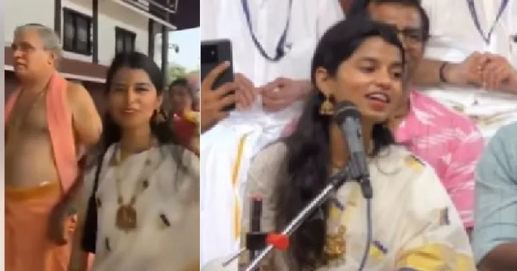 ഭാഗവതപ്രഭാഷകന്‍ ഉദിത് ചൈതന്യയ്ക്കൊപ്പം ഗുരുവായൂര്‍ ക്ഷേത്രം പ്രദക്ഷിണം ചെയ്യുന്ന മൈഥിലി താക്കൂര്‍ (ഇടത്ത്) മൈഥിലി താക്കൂര്‍ ഗുരുവായൂര്‍ ഭജന്‍ പാടുന്നു (വലത്ത്)