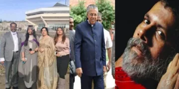 അമേരിക്കയില്‍ വിദഗ്ധചികിത്സ തേടിപ്പോകുന്ന കോട്ടും സ്യൂട്ടും ധരിച്ച പിണറായി (നടുവില്‍) സ്വാശ്രയകോളെജിനെതിരായ സമരത്തില്‍ ജീവിക്കുന്ന രക്തസാക്ഷിയായിരുന്ന പുഷ്പന്‍ (വലത്ത്) സിപിഎം ജില്ലാ സെക്രട്ടറി മോഹനന്‍ കുടുംബസമേതം ഇംഗ്ലണ്ടില്‍ (ഇടത്ത്)