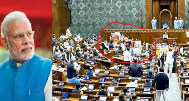 പ്രധാനമന്ത്രിയുടെ കസേരയ്ക്കടുത്തേക്ക് പാഞ്ഞടുത്ത് കോണ്‍ഗ്രസ് വനിതാ എംപിമാര്‍ (ചുവന്നവളയത്തില്‍)