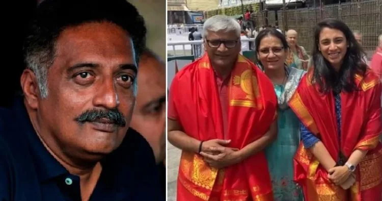 സ്മ‍ൃതി മന്ഥന കുടുംബസമേതം തിരുപ്പതി ബാലാജി ക്ഷേത്രത്തില്‍ (വലത്ത്)