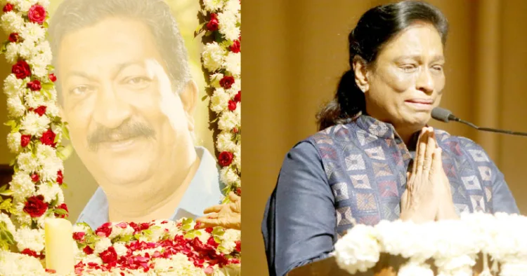 പി.ടി. ഉഷയുടെ ഭര്‍ത്താവ് വി. ശ്രീനിവാസന് ആദരാഞ്ജലിയര്‍പ്പിച്ച് ദല്‍ഹിയില്‍ ചേര്‍ന്ന പ്രാര്‍ത്ഥനാസഭയില്‍ മറുപടി പ്രസംഗത്തിനിടെ
പി.ടി. ഉഷ നിറകണ്ണീരോടെ സദസിനെ വണങ്ങുന്നു