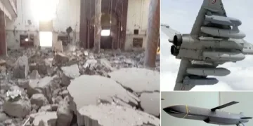 ജെയ്ഷ് എ മുഹമ്മദിന്‍റെ ഹെഡ് ക്വാര്‍ട്ടേഴ്സ് തകര്‍ന്ന നിലയില്‍ (ഇടത്ത്) മാറില്‍ സ്കാല്‍പ് മിസൈലുകള്‍ വഹിച്ച് റഫാല്‍ (വലത്ത് മുകളില്‍) സ്കാല്‍പ് മിസൈല്‍ (വലത്ത് താഴെ)