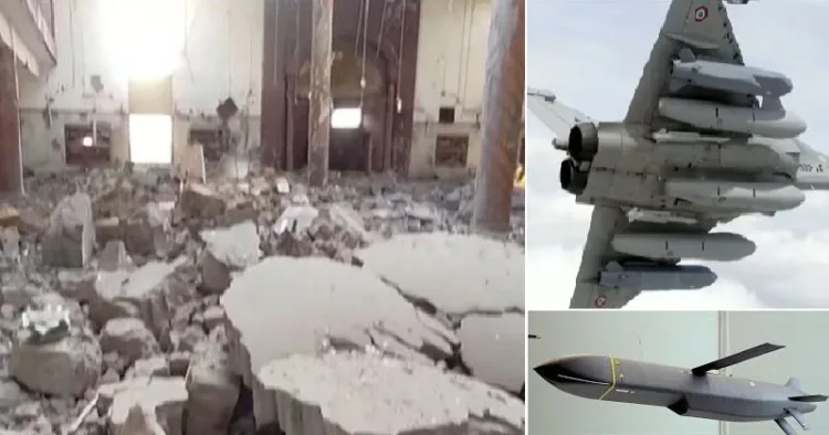 ജെയ്ഷ് എ മുഹമ്മദിന്‍റെ ഹെഡ് ക്വാര്‍ട്ടേഴ്സ് തകര്‍ന്ന നിലയില്‍ (ഇടത്ത്) മാറില്‍ സ്കാല്‍പ് മിസൈലുകള്‍ വഹിച്ച് റഫാല്‍ (വലത്ത് മുകളില്‍) സ്കാല്‍പ് മിസൈല്‍ (വലത്ത് താഴെ)