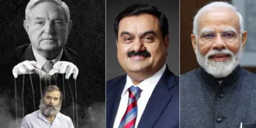 ഇന്ത്യയില്‍ ലക്ഷക്കണക്കിന് എന്‍ജിഒകള്‍ക്ക് സാമ്പത്തിക സഹായം നല്‍കുന്ന, മോദിയെ അട്ടിമറിക്കുമെന്ന് പരസ്യമായി പ്രഖ്യാപിച്ച ജോര്‍ജ്ജ് സോറോസ് എന്ന അമേരിക്കന്‍ ശതകോടീശ്വരന്‍. ഇയാളുടെ കയ്യിലുെ കളിപ്പാവയാണ് രാഹുല്‍ ഗാന്ധി എന്ന് പരിഹസിക്കുന്ന ചിത്രം (ഇടത്ത്)