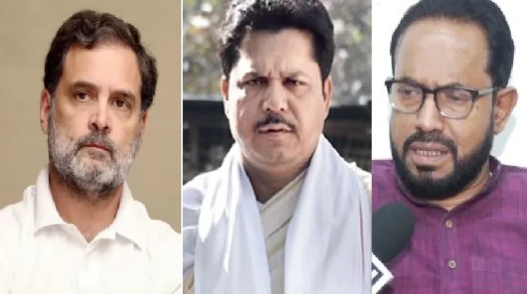 രാഹുല്‍ ഗാന്ധി (ഇടത്ത്) ഭൂപന്‍ ബോറ (നടുവില്‍) അബ്ദുള്‍ റഷീദ് മണ്ഡല്‍ (വലത്ത്(