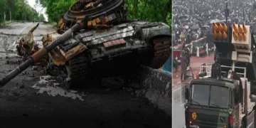 പിനാകയുടെ അടിയേറ്റ് തകര്‍ന്ന് അസര്‍ബൈജാന്‍റെ ടി-72 ടാങ്ക് (ഇടത്ത്) ഇന്ത്യയുടെ മള്‍ട്ടി ബാരലോട് കൂടിയ പിനാക റോക്കറ്റ് സംവിധാനം (വലത്ത്)