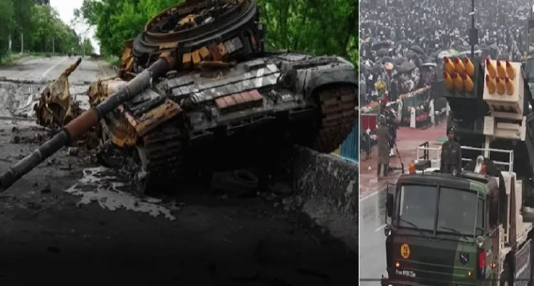 പിനാകയുടെ അടിയേറ്റ് തകര്‍ന്ന് അസര്‍ബൈജാന്‍റെ ടി-72 ടാങ്ക് (ഇടത്ത്) ഇന്ത്യയുടെ മള്‍ട്ടി ബാരലോട് കൂടിയ പിനാക റോക്കറ്റ് സംവിധാനം (വലത്ത്)