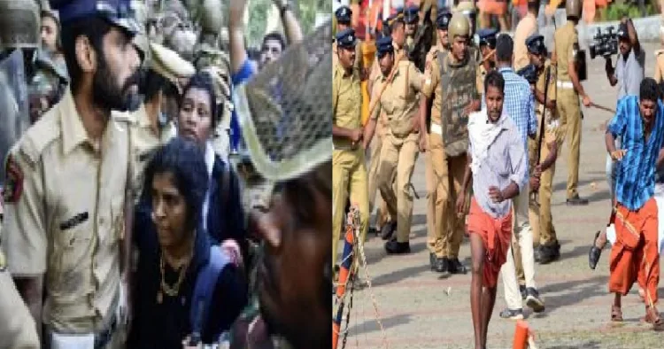 രണ്ട് സ്ത്രീകളെ ശബരിമല കയറ്റാന്‍ ശ്രമിക്കുന്ന പിണറായി സര്‍ക്കാരിന്‍റെ പൊലീസ് (ഇടത്ത്) സ്ത്രീപ്രവേശനത്തിനെതിരെ നിലപാടെടുത്ത ഹിന്ദു പ്രവര്‍ത്തകരെ ലാത്തിച്ചാര്‍ജ്ജ് ചെയ്യുന്ന പിണറായി സര്‍ക്കാരിന്‍റെ പൊലീസ് (വലത്ത്)