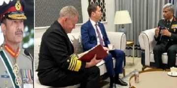 ഇന്തോ പസഫിക് കമാന്‍റിന്‍റെ കമാന്‍ഡറായ അമേരിക്കയുടെ ഉന്നതസൈനികോദ്യോഗസ്ഥന്‍ സാമുവേല്‍ ജെ പപ്പാരോയും ഇന്ത്യയുടെ യുഎസ് അംബാസഡറായ സെര്‍ജിയോ ഗോറും ഇന്ത്യന്‍ സേനയുടെ വെസ്റ്റേണ്‍ കമാന്‍ഡിന്‍റെ മേധാവി മനോജ് കുമാര്‍ കട്യാറുമായി സംസാരിക്കുന്നു (വലത്ത്) പാകിസ്ഥാന്‍ സൈനിക മേധാവി അസിം മുനീര്‍ (ഇടത്ത്)