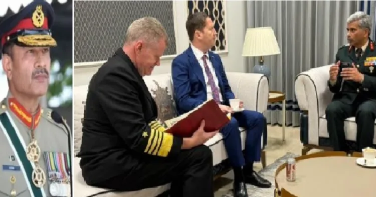 ഇന്തോ പസഫിക് കമാന്‍റിന്‍റെ കമാന്‍ഡറായ അമേരിക്കയുടെ ഉന്നതസൈനികോദ്യോഗസ്ഥന്‍ സാമുവേല്‍ ജെ പപ്പാരോയും ഇന്ത്യയുടെ യുഎസ് അംബാസഡറായ സെര്‍ജിയോ ഗോറും ഇന്ത്യന്‍ സേനയുടെ വെസ്റ്റേണ്‍ കമാന്‍ഡിന്‍റെ മേധാവി മനോജ് കുമാര്‍ കട്യാറുമായി സംസാരിക്കുന്നു (വലത്ത്) പാകിസ്ഥാന്‍ സൈനിക മേധാവി അസിം മുനീര്‍ (ഇടത്ത്)