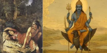 രാജാവായ നളന്‍ കണ്ടകശനി മൂലം രാജ്യം നഷ്ടപ്പെട്ട് ഭാര്യ ദമയന്തിയോടൊപ്പം കാട്ടില്‍ (ഇടത്ത് ) ശനി (വലത്ത്)