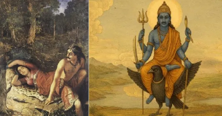 രാജാവായ നളന്‍ കണ്ടകശനി മൂലം രാജ്യം നഷ്ടപ്പെട്ട് ഭാര്യ ദമയന്തിയോടൊപ്പം കാട്ടില്‍ (ഇടത്ത് ) ശനി (വലത്ത്)