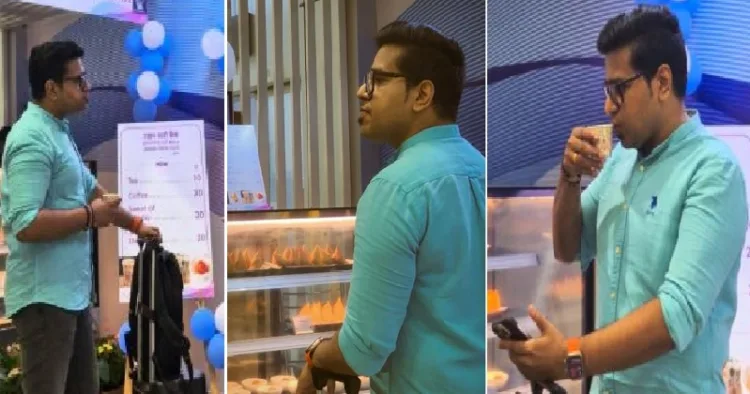 തിരുവനന്തപുരം എയര്‍പോര്‍ട്ടിലെ ഉഡാന്‍ യാത്രി കഫെയിലെ 10 രൂപയുടെ ചായ ആസ്വദിക്കുന്ന ശ്രീജിത് പണിയ്ക്കര്‍ (വലത്ത്)