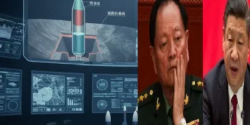 ചൈനീസ് പ്രസിഡന്‍റ് ഷീ ജിന്‍പിങ്ങ് (വലത്ത്) തൊട്ടരികില്‍ അമേരിക്കയ്ക്ക് ആണവരഹസ്യം ചോര്‍ത്തിയ പട്ടാള ജനറലും അടുത്ത ചങ്ങാതിയുമായ ഷാങ് യൂക്സിയ; ആണവ മിസൈലില്‍ ഇന്ധനത്തിന് പകരം വെള്ളം നിറച്ചുവെന്ന ആരോപണത്തിന്‍റെ ഡയഗ്രം (ഇടത്ത്)