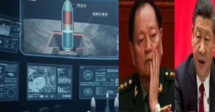 ചൈനീസ് പ്രസിഡന്‍റ് ഷീ ജിന്‍പിങ്ങ് (വലത്ത്) തൊട്ടരികില്‍ അമേരിക്കയ്ക്ക് ആണവരഹസ്യം ചോര്‍ത്തിയ പട്ടാള ജനറലും അടുത്ത ചങ്ങാതിയുമായ ഷാങ് യൂക്സിയ; ആണവ മിസൈലില്‍ ഇന്ധനത്തിന് പകരം വെള്ളം നിറച്ചുവെന്ന ആരോപണത്തിന്‍റെ ഡയഗ്രം (ഇടത്ത്)