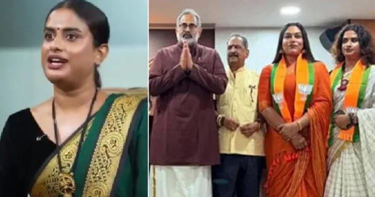 ബിജെപിയില്‍ ചേര്‍ന്ന ട്രാന്‍സ് ജെന്‍ഡര്‍ അദ്രിജ പണിക്കര്‍ (ഇടത്ത്) രാജീവ് ചന്ദ്രശേഖറിനൊപ്പം നില്‍ക്കുന്ന സീമ വിനീതും അദ്രിജ പണിയ്ക്കരും (വലത്ത്)