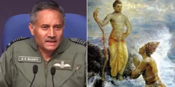 വ്യോമസേന ഡയറക്ടർ ജനറൽ ഓഫ് എയർ ഓപ്പറേഷൻസ്, എയർ മാർഷൽ എ കെ ഭാരതി (ഇടത്ത്) ആയുധമെടുത്തപ്പോള്‍ ഭയന്ന് ശ്രീരാമന്‍റെ മുന്നില്‍ ലങ്കയിലേക്കുള്ള വഴികാട്ടാന്‍ വരുണഭഗവാന്‍ പ്രത്യക്ഷപ്പെടുന്നു (വലത്ത്)