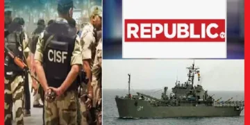 റിപ്പബ്ലിക് ടിവി ലോഗോ (വലത്ത് മൂകളില്‍) ഇന്ത്യ സുരക്ഷ നല്‍കുന്ന ഇറാന്‍റെ കപ്പലായ ലവാന്‍ (വലത്ത് താഴെ) രാജ്യസുരക്ഷയെ ബാധിക്കുന്ന രീതിയില്‍ ഇറാന്‍ കപ്പലിന്‍റെ ഫോട്ടോയെടുക്കാന്‍ ശ്രമിച്ച മാധ്യമപ്രവര്‍ത്തകരെ അറസ്റ്റ് ചെയ്ത സിഐഎസ് എഫ് ഉദ്യോഗസ്ഥര്‍ (ഇടത്ത്)