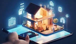 Man hands working with tablet smart home interface with augmented realty of iot object interior design, Generative AI