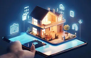 Man hands working with tablet smart home interface with augmented realty of iot object interior design, Generative AI