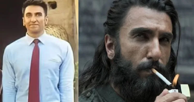 ധുരന്ധര്‍ എന്ന സിനിമയില്‍ ഇന്ത്യന്‍ സേനയിലെ സാധാരണക്കാരനായ ഒരു സിഖ് ഉദ്യോഗസ്ഥനായ ജസ്കിറാത് സിങ്ങ് രംഗിയായി രണ്‍വീര്‍ സിങ്ങ് (ഇടത്ത്) പിന്നീട് ഹംസ അലി മസാരി എന്ന് പേര് മാറ്റി, ഖുറാന്‍ പഠിച്ചും സുന്നത്ത് ചെയ്തും മുസ്ലീമായി. താടിയും മുടിയും നീട്ടി വളര്‍ത്തി പാകിസ്ഥാനിലേക്ക് ചാരനായി നുഴഞ്ഞുകയറി അവിടുത്തെ ഭീകരസംഘത്തെ തകര്‍ക്കുന്ന ഭീകരനായി മാറുന്ന രണ്‍വീര്‍ സിങ്ങ്.(വലത്ത്)