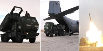 ഹിമാഴ്സ് സംവിധാനം ഘടിപ്പിച്ച ട്രക്ക് (ഇടത്ത്) അമേരിക്കന്‍ ചരക്ക് വിമാനത്തില്‍ നിന്നും ഹിമാഴ്സ് ട്രക്ക് ഇറക്കുന്നു (നടുവില്‍) ഹിമാഴ്സില്‍ നിന്നും കുതിച്ചുയരുന്ന റോക്കറ്റ് (വലത്ത്)