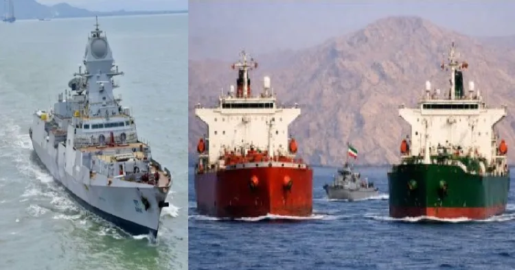 നാവികസേനയുടെ ഐഎന്‍സ് സൂറത്ത് (ഇടത്ത്) എല്‍പിജിഗ്യാസുമായി വരുന്ന ടാങ്കറുകളായ പൈന്‍ ഗ്യാസും ജഗ് വസന്തും (വലത്ത്)