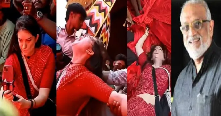 കൊടുങ്ങല്ലൂര്‍ ഭരണിച്ചടങ്ങുകള്‍ ക്യാമറയില്‍ പകര്‍ത്തുന്ന സ്പെയിന്‍ കാരി (ഇടത്ത്) താളം വന്യമായതോടെ അറിയാതെ അവര്‍ തുള്ളാന്‍ തുടങ്ങി (ഇടത്ത് നിന്നും രണ്ടാമത്തെയും മൂന്നാമത്തെയും ചിത്രങ്ങള്‍), സിനിമാതാരം വി.കെ. ശ്രീരാമന്‍ (വലത്ത്)