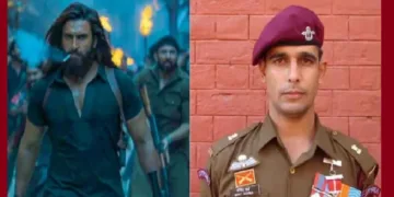 മേജര്‍ മോഹിത് ശര്‍മ്മ (വലത്ത്) ധുരന്ധര്‍ സിനിമയില്‍ മേജര്‍ മോഹിത് ശര്‍മ്മയുടെ വേഷമിട്ട നടന്‍ രണ്‍വീര്‍ സിങ്ങ് (ഇടത്ത്)