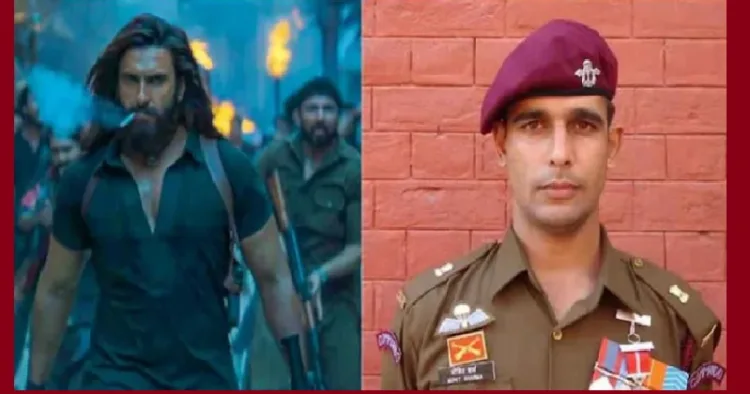 മേജര്‍ മോഹിത് ശര്‍മ്മ (വലത്ത്) ധുരന്ധര്‍ സിനിമയില്‍ മേജര്‍ മോഹിത് ശര്‍മ്മയുടെ വേഷമിട്ട നടന്‍ രണ്‍വീര്‍ സിങ്ങ് (ഇടത്ത്)