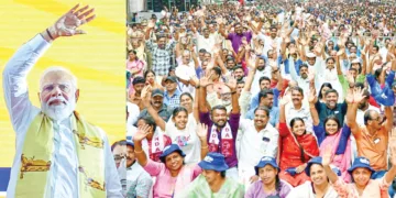 എന്‍ഡിഎ തെരഞ്ഞെടുപ്പ് പ്രചരണത്തിന് തുടക്കം കുറിച്ച് എറണാകുളം കലൂര്‍ സ്റ്റേഡിയത്തില്‍ സംഘടിപ്പിച്ച മഹാറാലിയെ പ്രധാനമന്ത്രി നരേന്ദ്ര മോദി അഭിവാദ്യം ചെയ്യുന്നു
