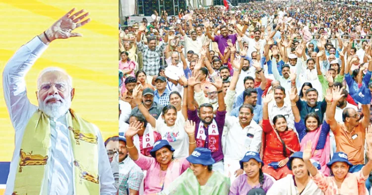 എന്‍ഡിഎ തെരഞ്ഞെടുപ്പ് പ്രചരണത്തിന് തുടക്കം കുറിച്ച് എറണാകുളം കലൂര്‍ സ്റ്റേഡിയത്തില്‍ സംഘടിപ്പിച്ച മഹാറാലിയെ പ്രധാനമന്ത്രി നരേന്ദ്ര മോദി അഭിവാദ്യം ചെയ്യുന്നു