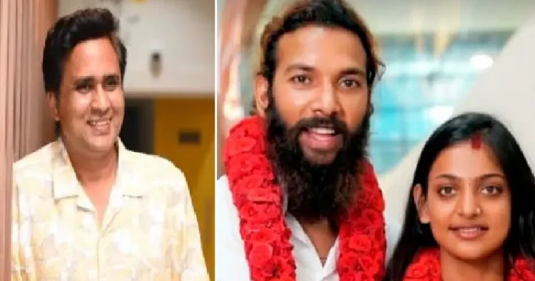 സംവിധായകന്‍ സനോജ് മിശ്ര(ഇടത്ത്) മുഹമ്മദ് ഫര്‍മാന്‍ ഖാനും മൊണാലിസ ഭോസ്ലെയും വിവാഹശേഷം (വലത്ത്)