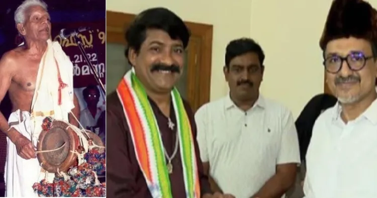 അന്തരിച്ച ഞെരളത്ത് രാമപ്പൊതുവാള്‍ (ഇടത്ത്) പാണക്കാട് പോയി മുസ്ലിം ലീഗ് അംഗത്വം സ്വീകരിക്കുന്ന ഞെരളത്ത് രാമപ്പൊതുവാളിന്‍റെ മകനായ ഹരിഗോവിന്ദന്‍ (വലത്ത്)