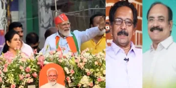 മോദിജിയ്ക്കൊപ്പം പത്മജ (ഇടത്ത്) ആലങ്കോട് ലീലാകൃഷ്ണന്‍ (നടുവില്‍) രാജന്‍ പല്ലന്‍ (വലത്ത്)