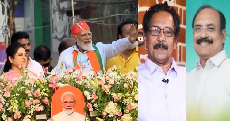 മോദിജിയ്ക്കൊപ്പം പത്മജ (ഇടത്ത്) ആലങ്കോട് ലീലാകൃഷ്ണന്‍ (നടുവില്‍) രാജന്‍ പല്ലന്‍ (വലത്ത്)