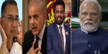 ബംഗ്ലാദേശ് പ്രധാനമന്ത്രി, പാകിസ്ഥാന് പ്രധാനമന്ത്രി, ശ്രീലങ്കന് പ്രസിഡന്റ് (ഇടത്ത് നിന്നും വലത്തോട്ട്) മോദി (വലത്തേയറ്റം)