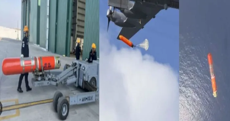 ആകാശത്ത് നിന്നും കടലിലേക്ക് വിമാനത്തില്‍ നിന്നും ഇട്ടുകൊടുക്കാവുന്ന ചെറിയ കണ്ടെയ്നറായ എഡിസി-150 (ഇടത്ത്) വിമാനത്തില്‍ നിന്നും എഡിസി150 കടലിലേക്ക് ഇട്ടുകൊടുക്കുന്നു (നടുവില്‍) കടലിലേക്ക് വീഴുന്ന എഡിസി 150 (വലത്ത്)