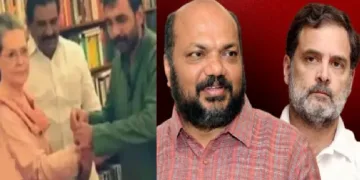 പോറ്റി സോണിയാഗാന്ധിയുടെ കയ്യില്‍ ചരട് കെട്ടിക്കൊടുക്കുന്നു (ഇടത്ത്)