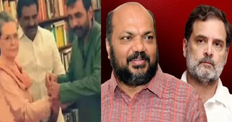 പോറ്റി സോണിയാഗാന്ധിയുടെ കയ്യില്‍ ചരട് കെട്ടിക്കൊടുക്കുന്നു (ഇടത്ത്)