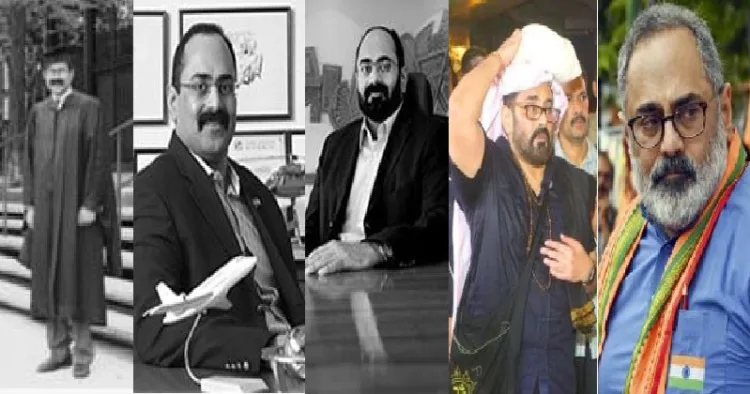 യുഎസിലെ ഇല്ലിനോയിസ് ടെക് സര്‍വ്വകലാശാലയില്‍ നിന്നും കമ്പ്യൂട്ടര്‍ സയന്‍സില്‍ മാസ്റ്റേഴ്സ് ബിരുദം നേടിയതിന് ശേഷം ബിരുദദാനച്ചടങ്ങില്‍, ബിപില്‍ മൊബൈല്‍ കമ്പനി ആരംഭിച്ചപ്പോഴുള്ള രാജീവ് ചന്ദ്രശേഖര്‍, 2005ല്‍ 5200 കോടി രൂപയ്ക്ക് ബിപിഎല്‍ ഓഹരികള്‍വിറ്റപ്പോഴുള്ള രാജീവ് ചന്ദ്രശേഖര്‍, സാധാരണ ശബരിമല ഭക്തനായ രാജീവ് ചന്ദ്രശേഖര്‍, ഇപ്പോള്‍ ബിജെപി സംസ്ഥാനപ്രസിഡന്‍റായ, നേമത്ത് ബിജെപി സ്ഥാനാര്‍ത്ഥിയായ രാജീവ് ചന്ദ്രശേഖര്‍ (യഥാക്രമം ഇടത്ത് നിന്നും വലത്തോട്ട്)