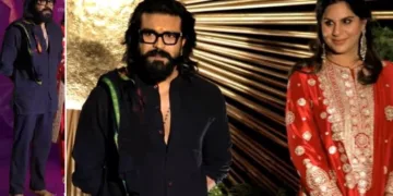 കറുപ്പും കറുപ്പും ധരിച്ച്, മുടിയും താടിയും നീട്ടിവളര്‍ത്തി, മാലയും ധരിച്ച് നഗ്നപാദനായി നില്‍ക്കുന്ന രാം ചരണ്‍ (ഇടത്ത്) രാം ചരണും ഭാര്യയും നടി രശ്മിക മന്ദനയുടെ വിവാഹ റിസപ്ഷന്‍ ചടങ്ങില്‍ (വലത്ത്)