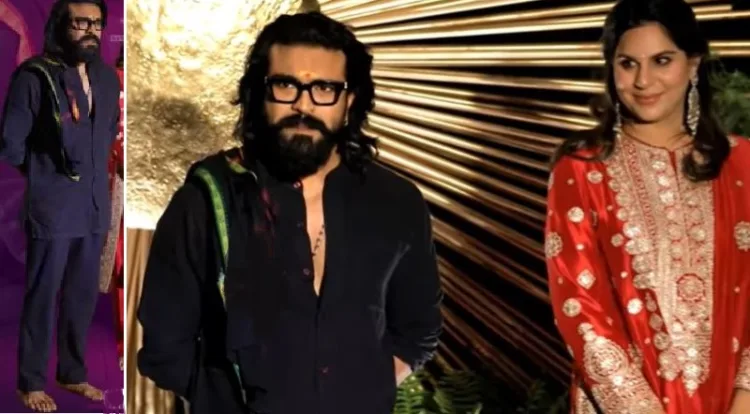 കറുപ്പും കറുപ്പും ധരിച്ച്, മുടിയും താടിയും നീട്ടിവളര്‍ത്തി, മാലയും ധരിച്ച് നഗ്നപാദനായി നില്‍ക്കുന്ന രാം ചരണ്‍ (ഇടത്ത്) രാം ചരണും ഭാര്യയും നടി രശ്മിക മന്ദനയുടെ വിവാഹ റിസപ്ഷന്‍ ചടങ്ങില്‍ (വലത്ത്)