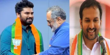 റോബിന്‍ രാധാകൃഷ്ണന്‍ രാജീവ് ചന്ദ്രശേഖറിനൊപ്പം (ഇടത്ത്) പി.സി. വിഷ്ണുനാഥ് (വലത്ത്)