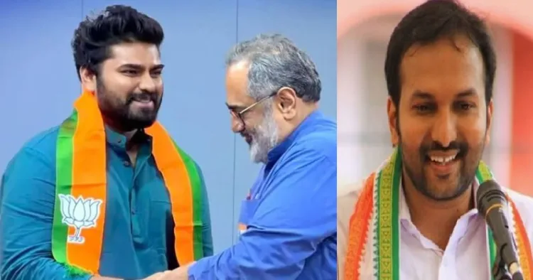 റോബിന്‍ രാധാകൃഷ്ണന്‍ രാജീവ് ചന്ദ്രശേഖറിനൊപ്പം (ഇടത്ത്) പി.സി. വിഷ്ണുനാഥ് (വലത്ത്)