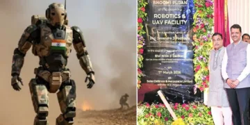 അതിര്‍ത്തി കാക്കുന്ന റോബോട്ട് (ഇടത്ത്)223 ഏക്കറില്‍ വരുന്ന റോബോട്ടിക്സ്, യുഎവി ഫാക്ടറിയുടെ ഭൂമിപൂജ നിര്‍വ്വഹിയ്ക്കുന്ന മഹാരാഷ്ട്ര മുഖ്യമന്ത്രി ഫഡ്നാവിസും കേന്ദ്രമന്ത്രി നിതിന്‍ ഗാഡ്കരിയും (വലത്ത്)