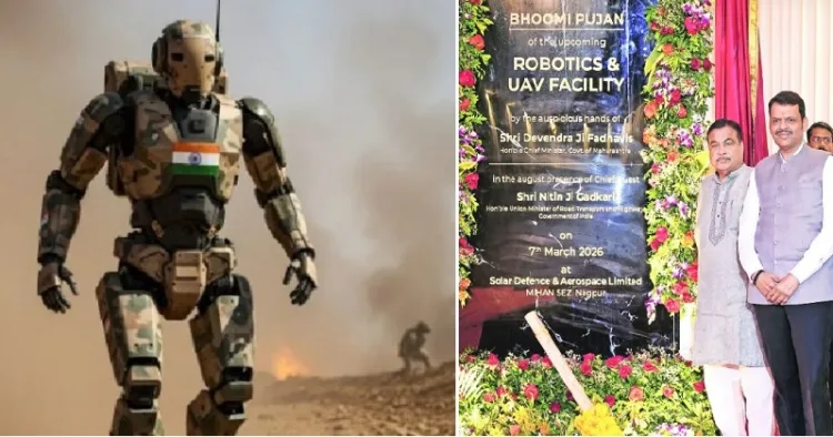 അതിര്‍ത്തി കാക്കുന്ന റോബോട്ട് (ഇടത്ത്)223 ഏക്കറില്‍ വരുന്ന റോബോട്ടിക്സ്, യുഎവി ഫാക്ടറിയുടെ ഭൂമിപൂജ നിര്‍വ്വഹിയ്ക്കുന്ന മഹാരാഷ്ട്ര മുഖ്യമന്ത്രി ഫഡ്നാവിസും കേന്ദ്രമന്ത്രി നിതിന്‍ ഗാഡ്കരിയും (വലത്ത്)